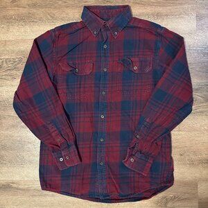 Faded Glory Casual Button Down Mens Small Red Navy Plaid Y2K Flannel Shirt